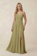 V-Neck Spaghetti Strap A-Line Chiffon Bridesmaid Dress in Moss Green | KISSBRIDAL
