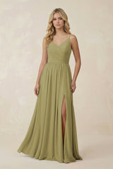 V-Neck Spaghetti Strap A-Line Chiffon Bridesmaid Dress in Moss Green | KISSBRIDAL