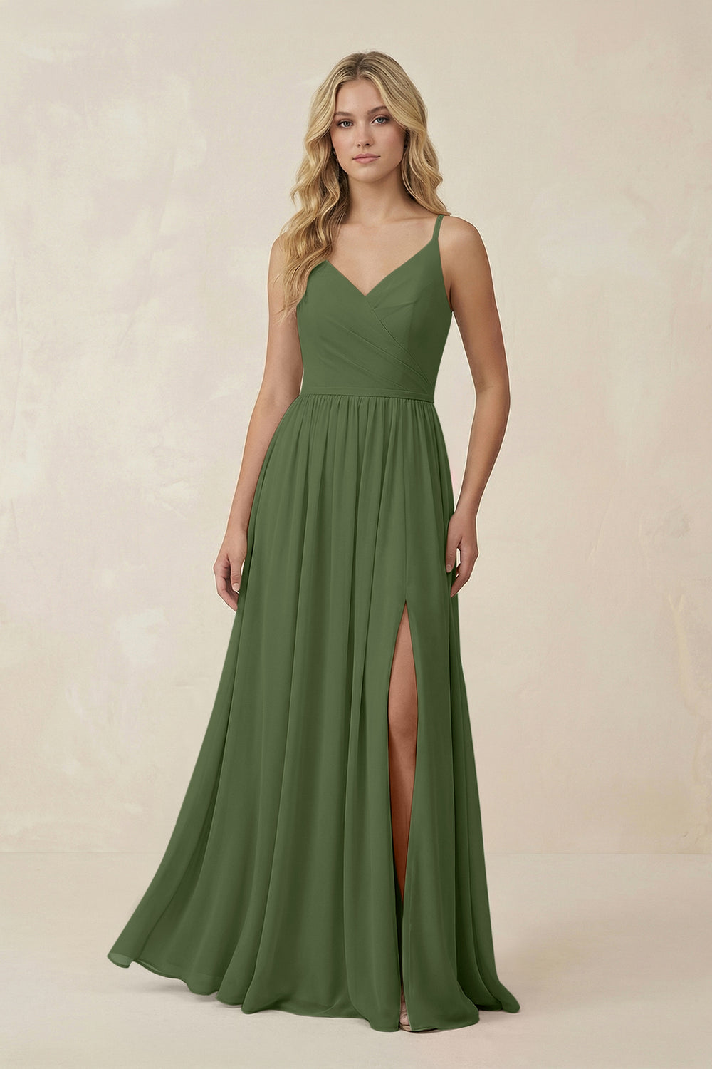 V-Neck Spaghetti Strap A-Line Chiffon Bridesmaid Dress in Moss