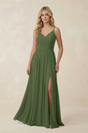V-Neck Spaghetti Strap A-Line Chiffon Bridesmaid Dress in Moss | KISSBRIDAL