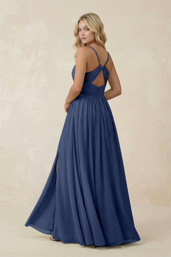 V - Neck Spaghetti Strap A - Line Chiffon Bridesmaid Dress in Navy - SHE IS ME Bridesmaid Dresses