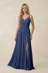 V - Neck Spaghetti Strap A - Line Chiffon Bridesmaid Dress in Navy - KISS BRIDAL Bridesmaid Dresses