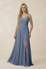 V - Neck Spaghetti Strap A - Line Chiffon Bridesmaid Dress in Neptune - KISS BRIDAL Bridesmaid Dresses