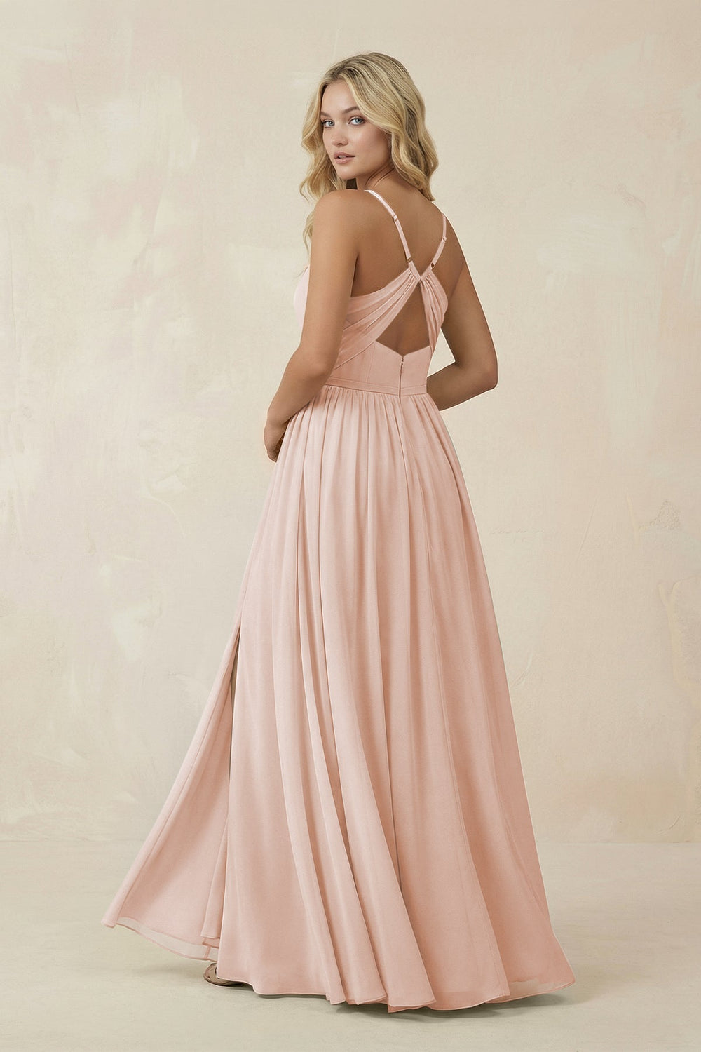 V - Neck Spaghetti Strap A - Line Chiffon Bridesmaid Dress in Pale Blush - SHE IS ME Bridesmaid Dresses