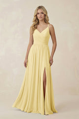V - Neck Spaghetti Strap A - Line Chiffon Bridesmaid Dress in Pastel Yellow - KISS BRIDAL Bridesmaid Dresses