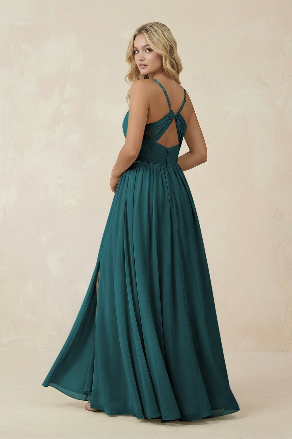 V - Neck Spaghetti Strap A - Line Chiffon Bridesmaid Dress in Pine - SHE IS ME Bridesmaid Dresses
