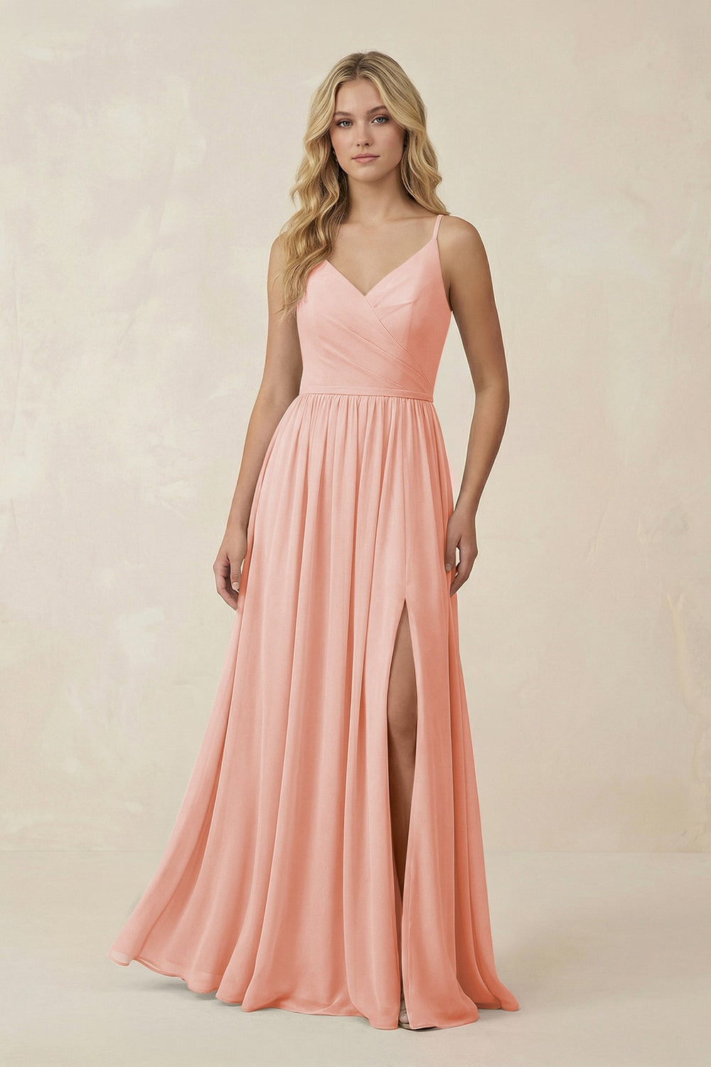 V - Neck Spaghetti Strap A - Line Chiffon Bridesmaid Dress in Rose Petal - SHE IS ME Bridesmaid Dresses