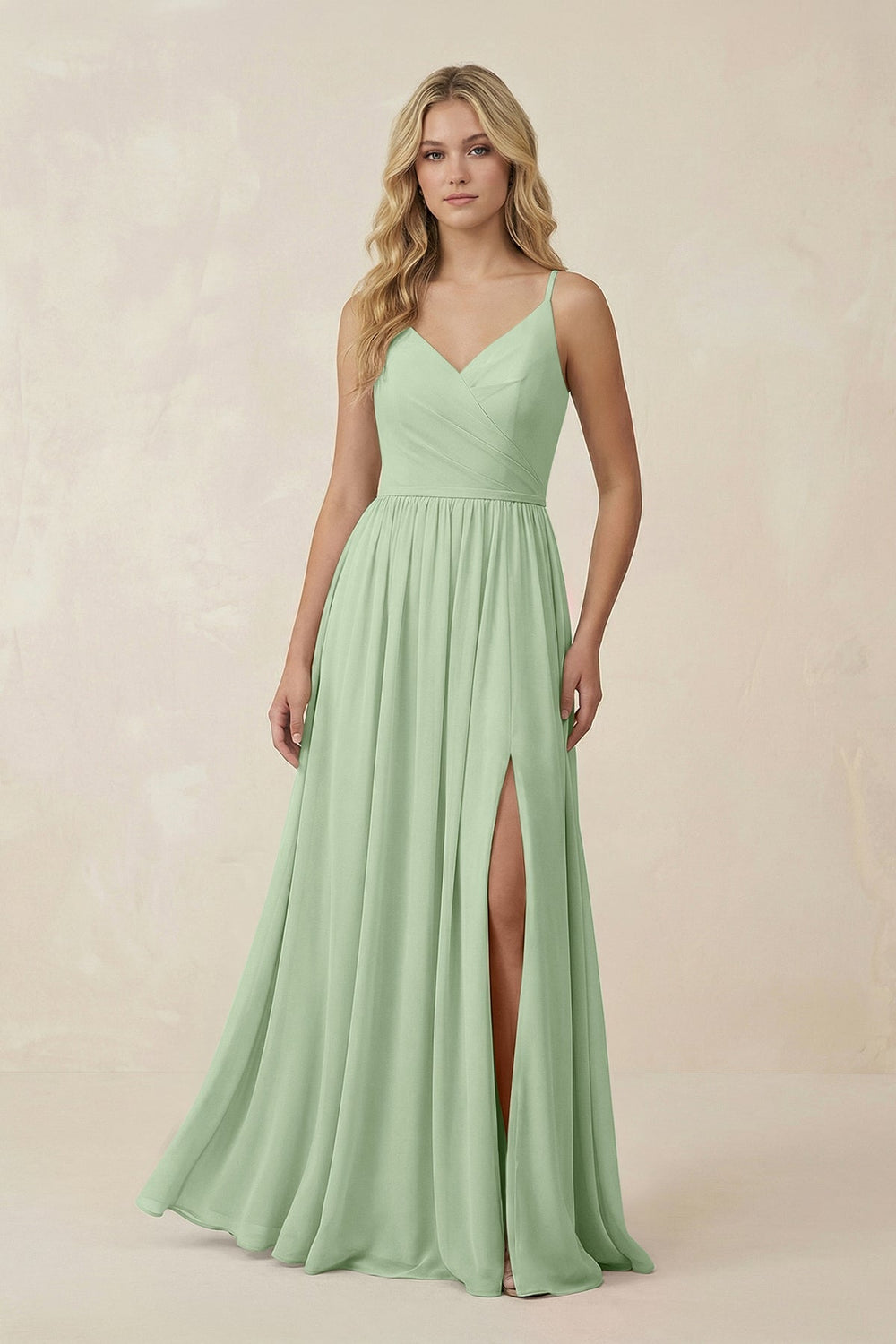 V - Neck Spaghetti Strap A - Line Chiffon Bridesmaid Dress in Sage - SHE IS ME Bridesmaid Dresses