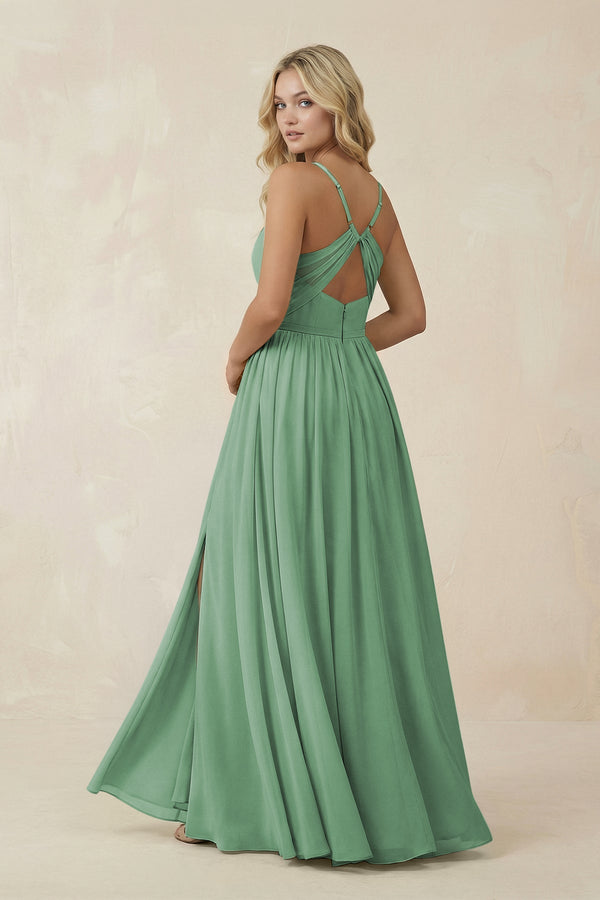 V - Neck Spaghetti Strap A - Line Chiffon Bridesmaid Dress in Sea Glass - SHE IS ME Bridesmaid Dresses