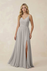 V - Neck Spaghetti Strap A - Line Chiffon Bridesmaid Dress in Silver - KISS BRIDAL Bridesmaid Dresses