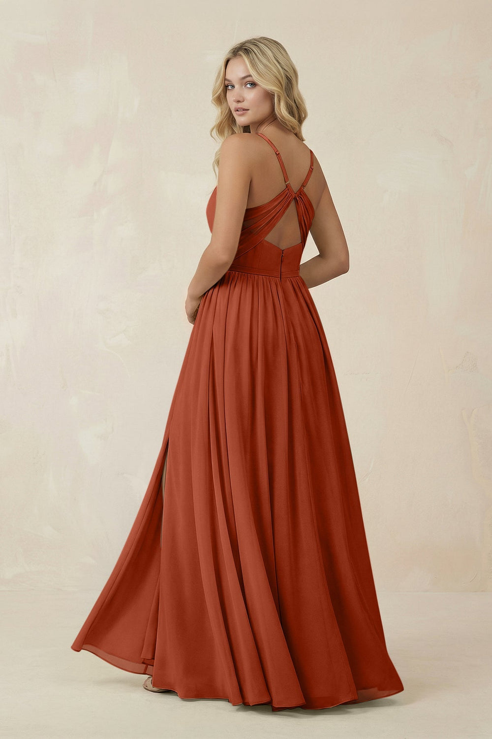 V - Neck Spaghetti Strap A - Line Chiffon Bridesmaid Dress in Spice - SHE IS ME Bridesmaid Dresses