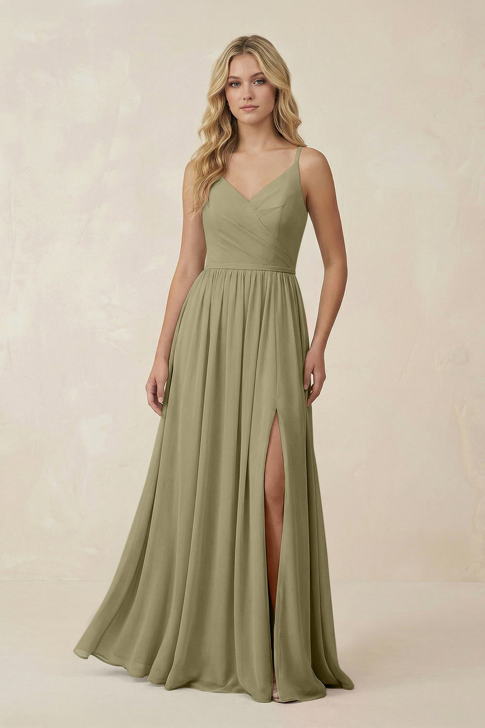 V - Neck Spaghetti Strap A - Line Chiffon Bridesmaid Dress in Thyme - SHE IS ME Bridesmaid Dresses