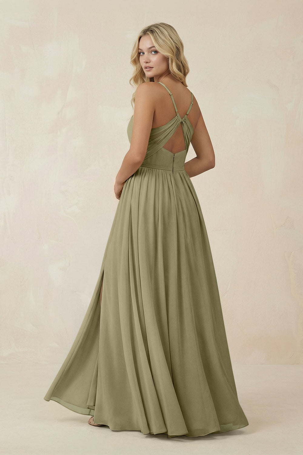 V - Neck Spaghetti Strap A - Line Chiffon Bridesmaid Dress in Thyme - SHE IS ME Bridesmaid Dresses