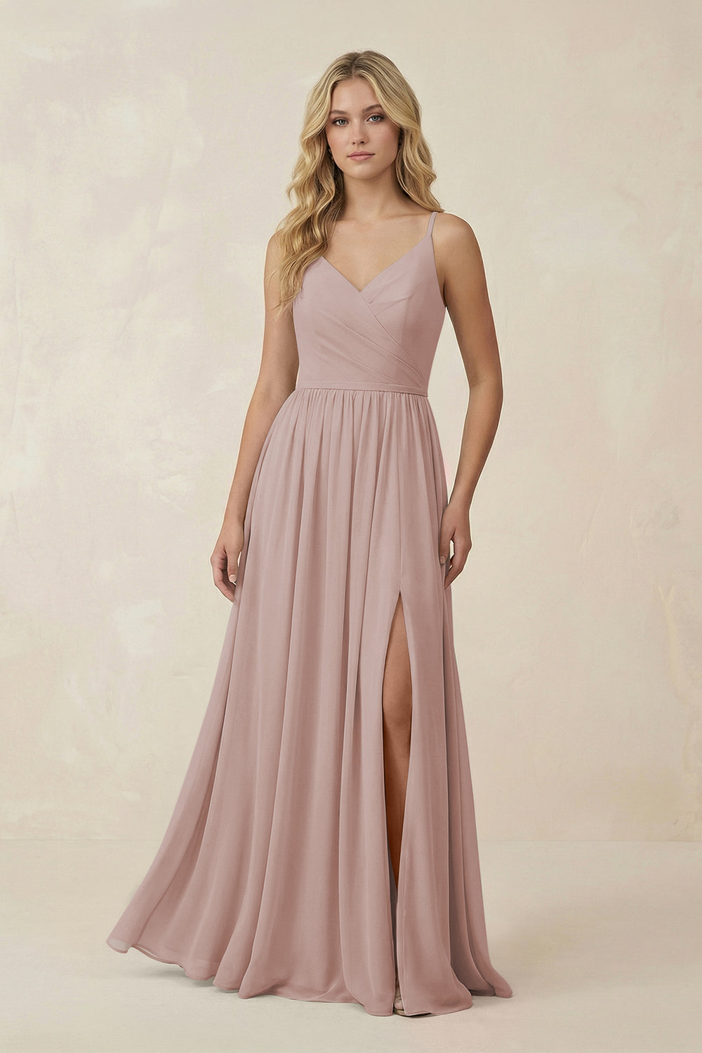 V-Neck Spaghetti Strap A-Line Chiffon Bridesmaid Dress in Toffee