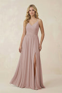 V-Neck Spaghetti Strap A-Line Chiffon Bridesmaid Dress in Toffee | KISSBRIDAL