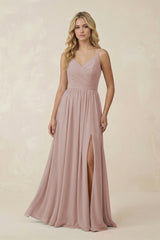 V-Neck Spaghetti Strap A-Line Chiffon Bridesmaid Dress in Toffee | KISSBRIDAL