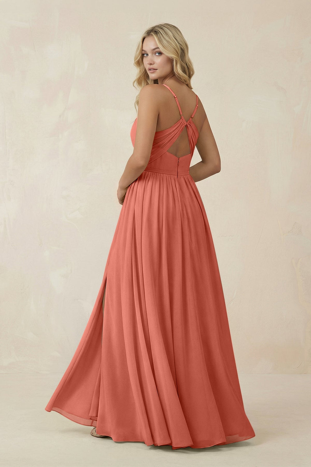 V - Neck Spaghetti Strap A - Line Chiffon Bridesmaid Dress in Wild Rose - SHE IS ME Bridesmaid Dresses