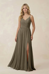 V - Neck Spaghetti Strap A - Line Chiffon Bridesmaid Dress in Willow Green - KISS BRIDAL Bridesmaid Dresses
