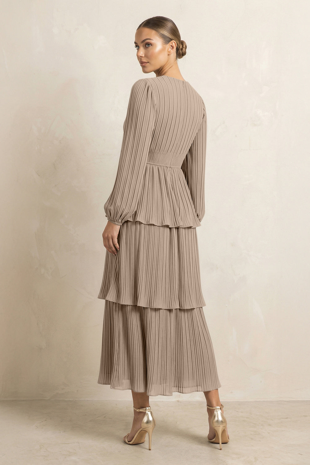 V-Neck Tiered A-Line Chiffon Midi Bridesmaid Dress in Almond