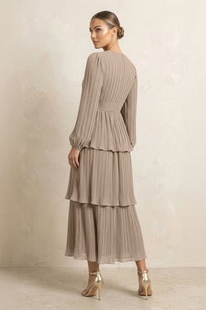 V-Neck Tiered A-Line Chiffon Midi Bridesmaid Dress in Almond (2) | KISSBRIDAL