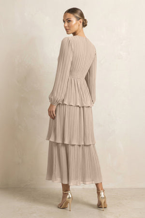 V - Neck Tiered A - Line Chiffon Midi Bridesmaid Dress in Almond - SHE IS ME Bridesmaid Dresses