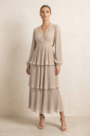 V - Neck Tiered A - Line Chiffon Midi Bridesmaid Dress in Almond - SHE IS ME Bridesmaid Dresses