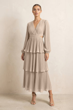 V - Neck Tiered A - Line Chiffon Midi Bridesmaid Dress in Almond - SHE IS ME Bridesmaid Dresses