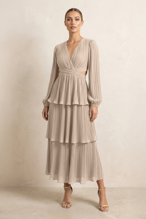V - Neck Tiered A - Line Chiffon Midi Bridesmaid Dress in Almond - SHE IS ME Bridesmaid Dresses