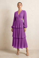 V - Neck Tiered A - Line Chiffon Midi Bridesmaid Dress in Amethyst - KISS BRIDAL Bridesmaid Dresses