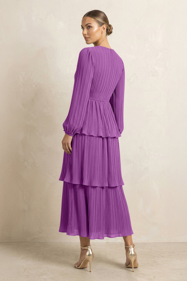 V - Neck Tiered A - Line Chiffon Midi Bridesmaid Dress in Amethyst - SHE IS ME Bridesmaid Dresses