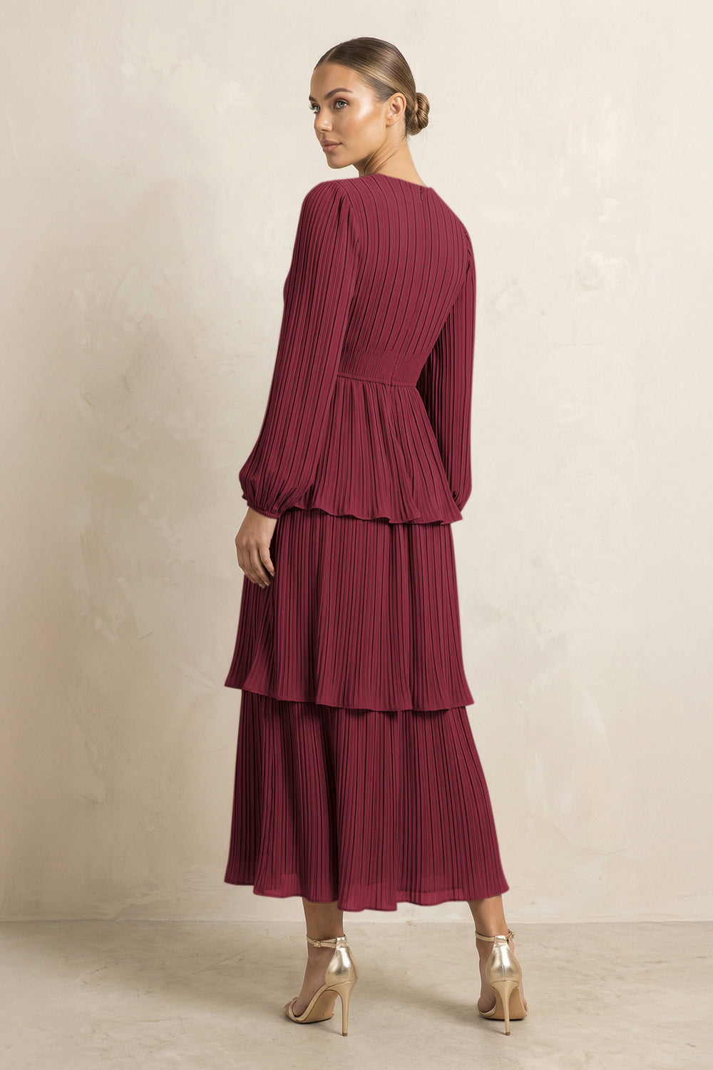 V-Neck Tiered A-Line Chiffon Midi Bridesmaid Dress in Berry