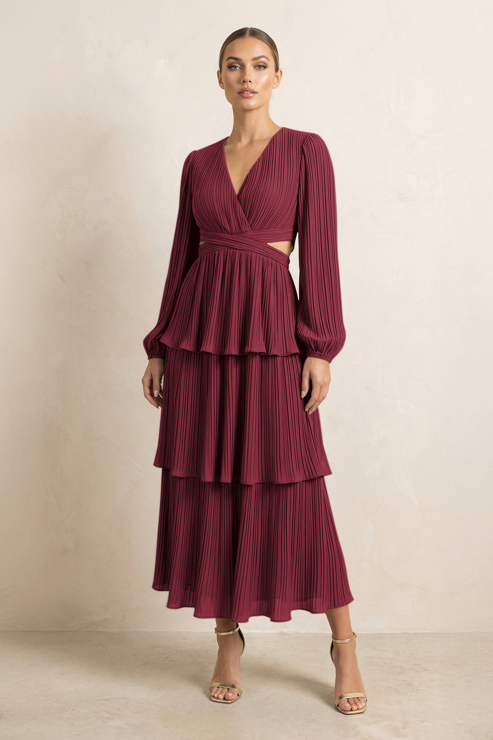 V-Neck Tiered A-Line Chiffon Midi Bridesmaid Dress in Berry
