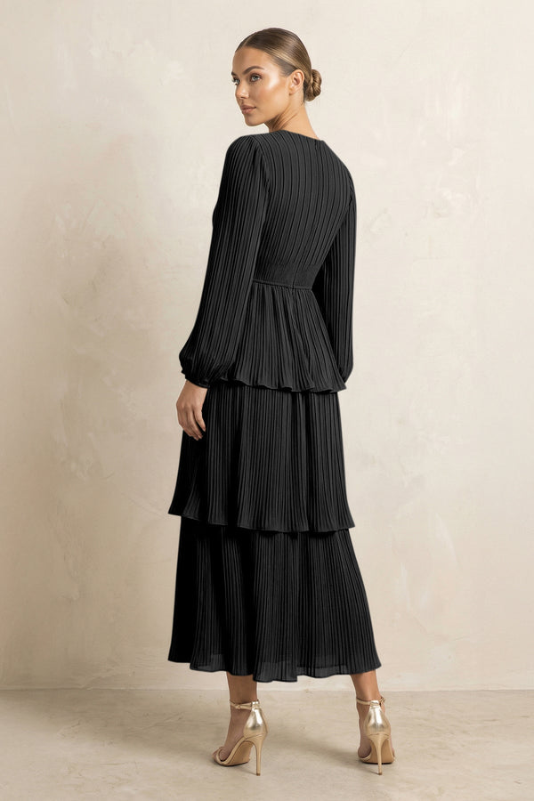 V - Neck Tiered A - Line Chiffon Midi Bridesmaid Dress in Black - SHE IS ME Bridesmaid Dresses
