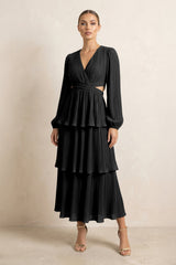 V - Neck Tiered A - Line Chiffon Midi Bridesmaid Dress in Black - KISS BRIDAL Bridesmaid Dresses