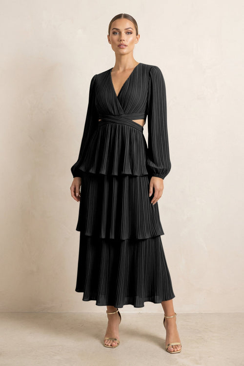 V - Neck Tiered A - Line Chiffon Midi Bridesmaid Dress in Black - SHE IS ME Bridesmaid Dresses
