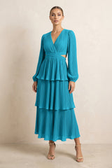 V - Neck Tiered A - Line Chiffon Midi Bridesmaid Dress in Blue Jay - KISS BRIDAL Bridesmaid Dresses