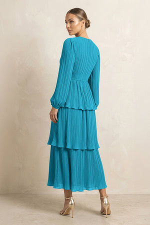 V - Neck Tiered A - Line Chiffon Midi Bridesmaid Dress in Blue Jay - SHE IS ME Bridesmaid Dresses