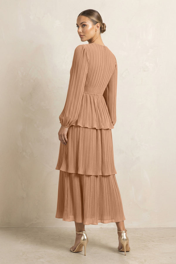 V - Neck Tiered A - Line Chiffon Midi Bridesmaid Dress in Bronzer - SHE IS ME Bridesmaid Dresses