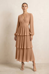V - Neck Tiered A - Line Chiffon Midi Bridesmaid Dress in Bronzer - KISS BRIDAL Bridesmaid Dresses