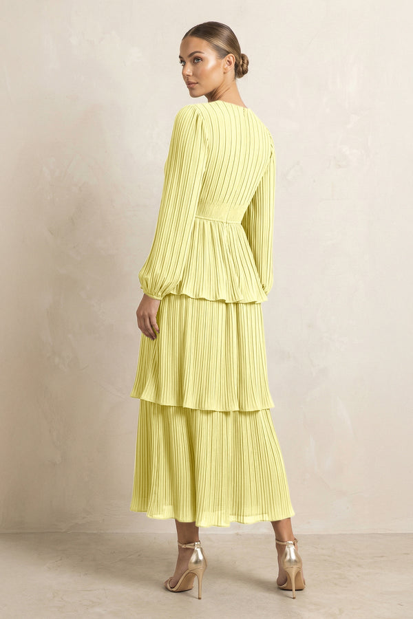 V - Neck Tiered A - Line Chiffon Midi Bridesmaid Dress in Buttercup - SHE IS ME Bridesmaid Dresses