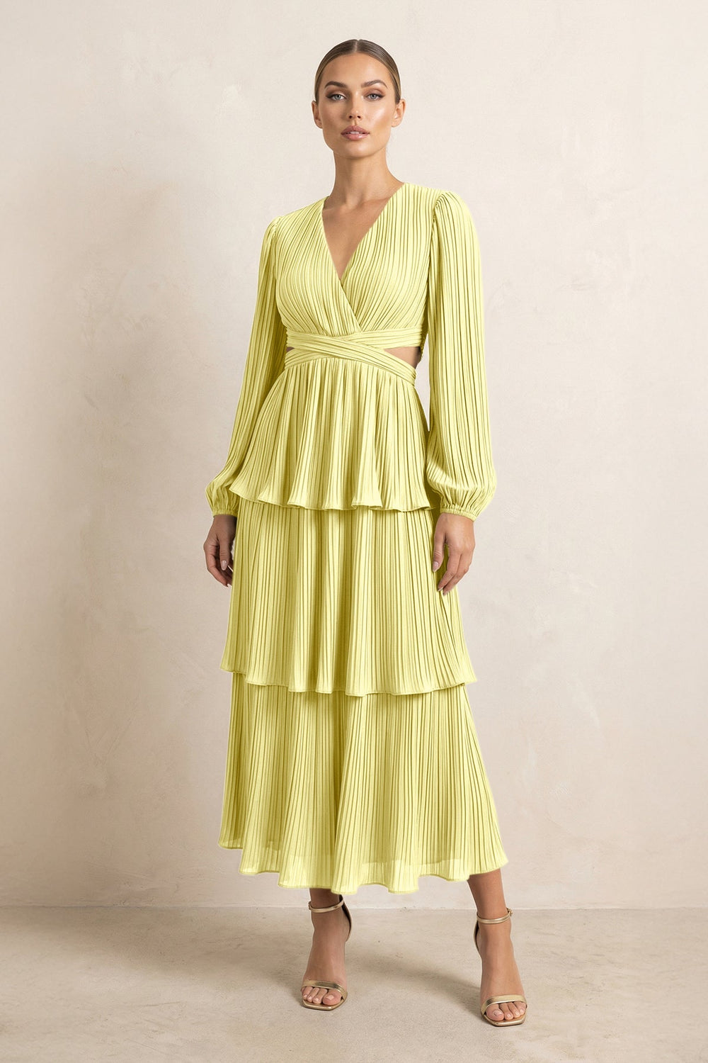 V - Neck Tiered A - Line Chiffon Midi Bridesmaid Dress in Buttercup - KISS BRIDAL Bridesmaid Dresses