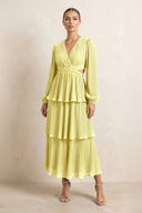 V - Neck Tiered A - Line Chiffon Midi Bridesmaid Dress in Buttercup - SHE IS ME Bridesmaid Dresses