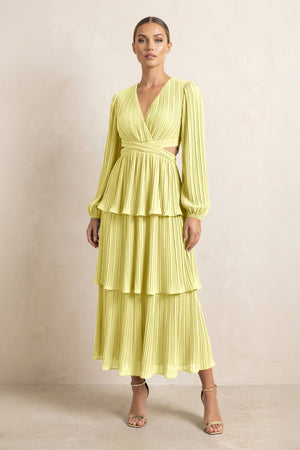V - Neck Tiered A - Line Chiffon Midi Bridesmaid Dress in Buttercup - SHE IS ME Bridesmaid Dresses