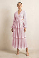 V - Neck Tiered A - Line Chiffon Midi Bridesmaid Dress in Candy Pink - SHE IS ME Bridesmaid Dresses