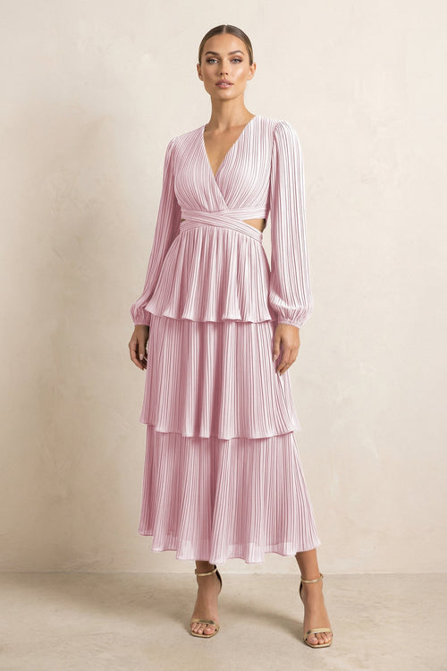V - Neck Tiered A - Line Chiffon Midi Bridesmaid Dress in Candy Pink - SHE IS ME Bridesmaid Dresses
