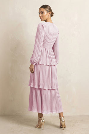 V-Neck Tiered A-Line Chiffon Midi Bridesmaid Dress in Candy Pink (2) | KISSBRIDAL