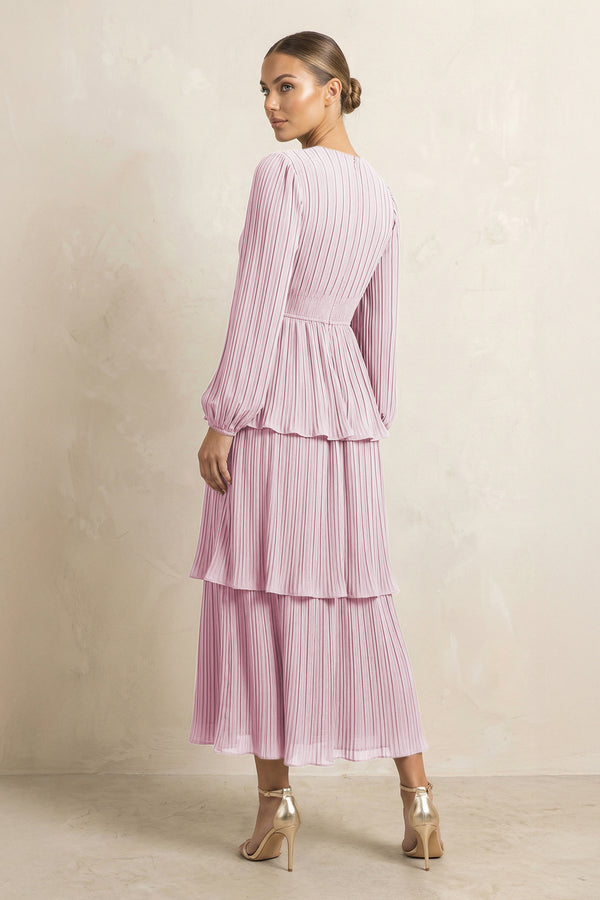 V-Neck Tiered A-Line Chiffon Midi Bridesmaid Dress in Candy Pink (2) | KISSBRIDAL