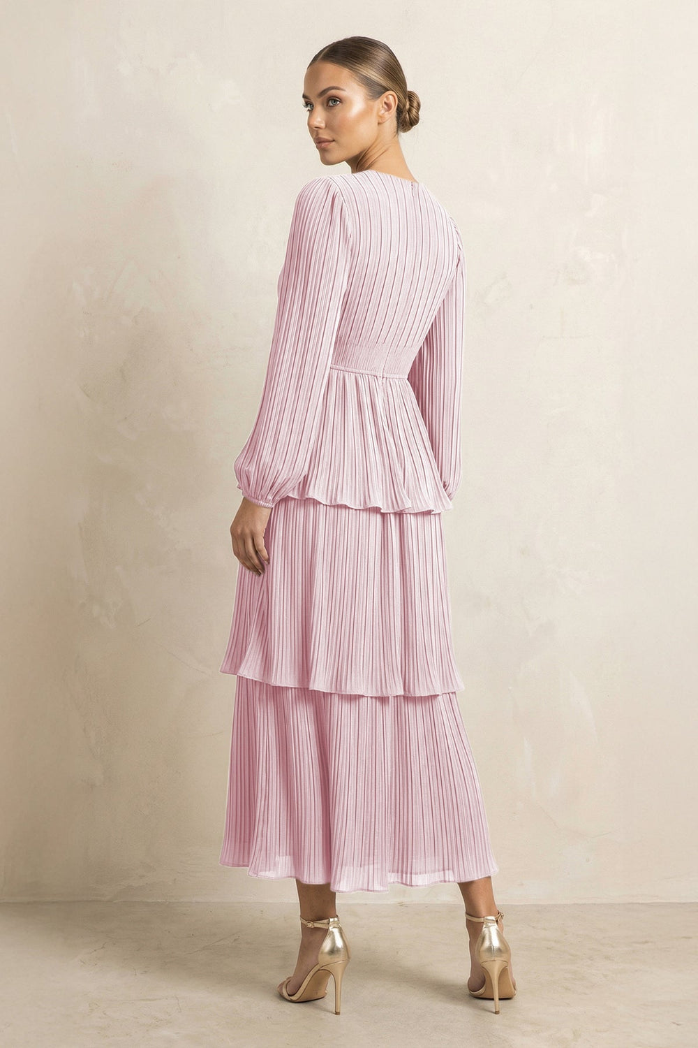 V - Neck Tiered A - Line Chiffon Midi Bridesmaid Dress in Candy Pink - KISS BRIDAL Bridesmaid Dresses