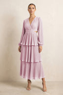V-Neck Tiered A-Line Chiffon Midi Bridesmaid Dress in Candy Pink | KISSBRIDAL