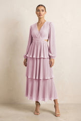 V-Neck Tiered A-Line Chiffon Midi Bridesmaid Dress in Candy Pink | KISSBRIDAL